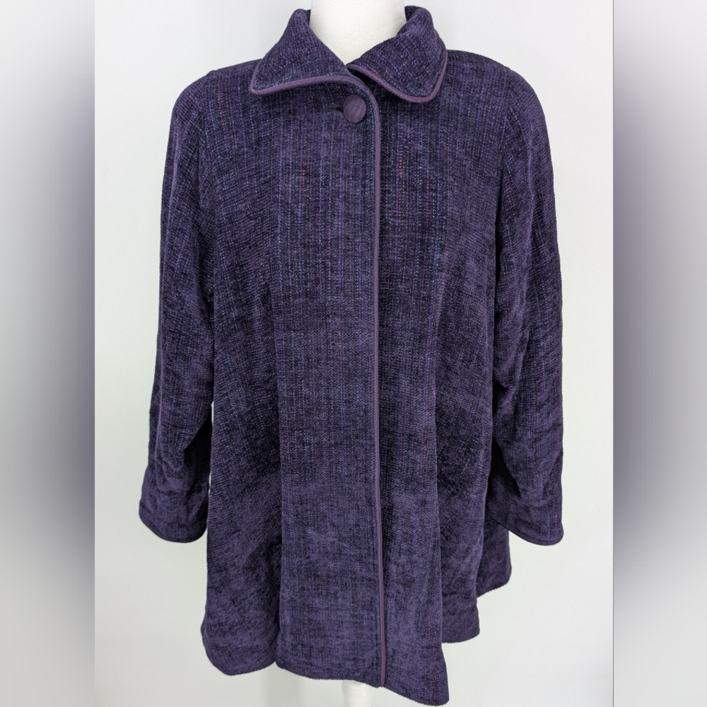 Lynn Yarrington Fiber Artist Wearable Art One Button Purple Chenille Coat Small